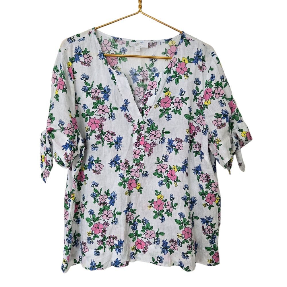 Charter Club Linen Floral blouse V-neck Bow Cottagecore